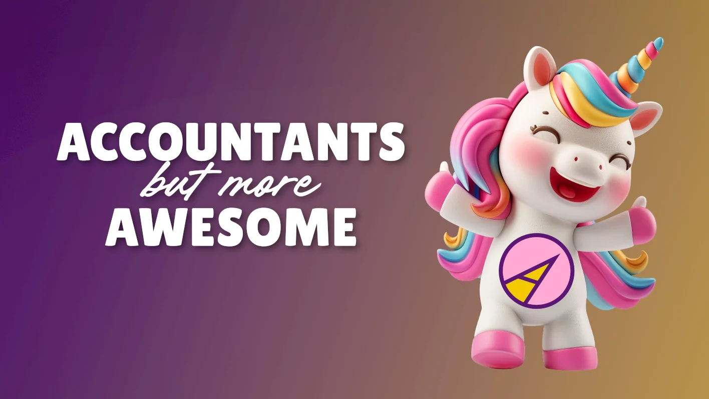 Accounticorn 3D unicorn mascot giving a thumbs up beside the tagline 'Accountants but more awesome', part of a logo and brand for an accountant by CJ Creates