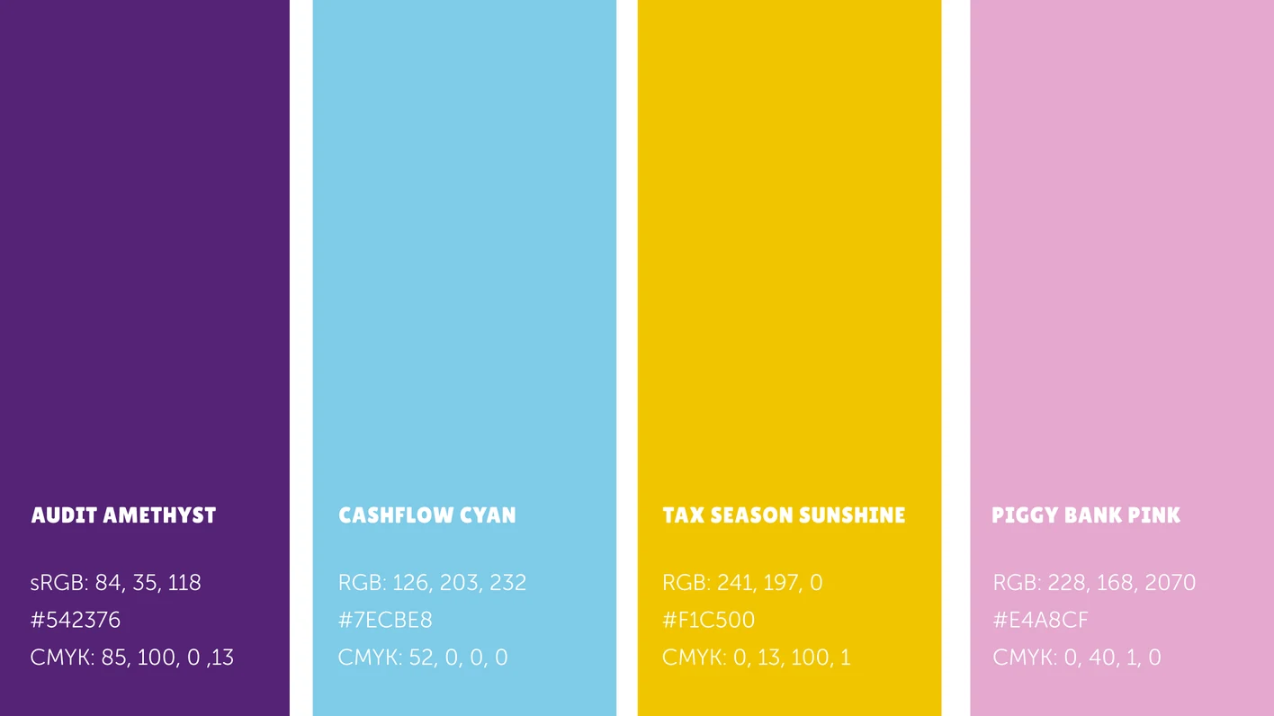 Accounticorn brand colour palette: Audit Amethyst, Cashflow Cyan, Tax Season Sunshine and Piggy Bank Pink, by CJ Creates
