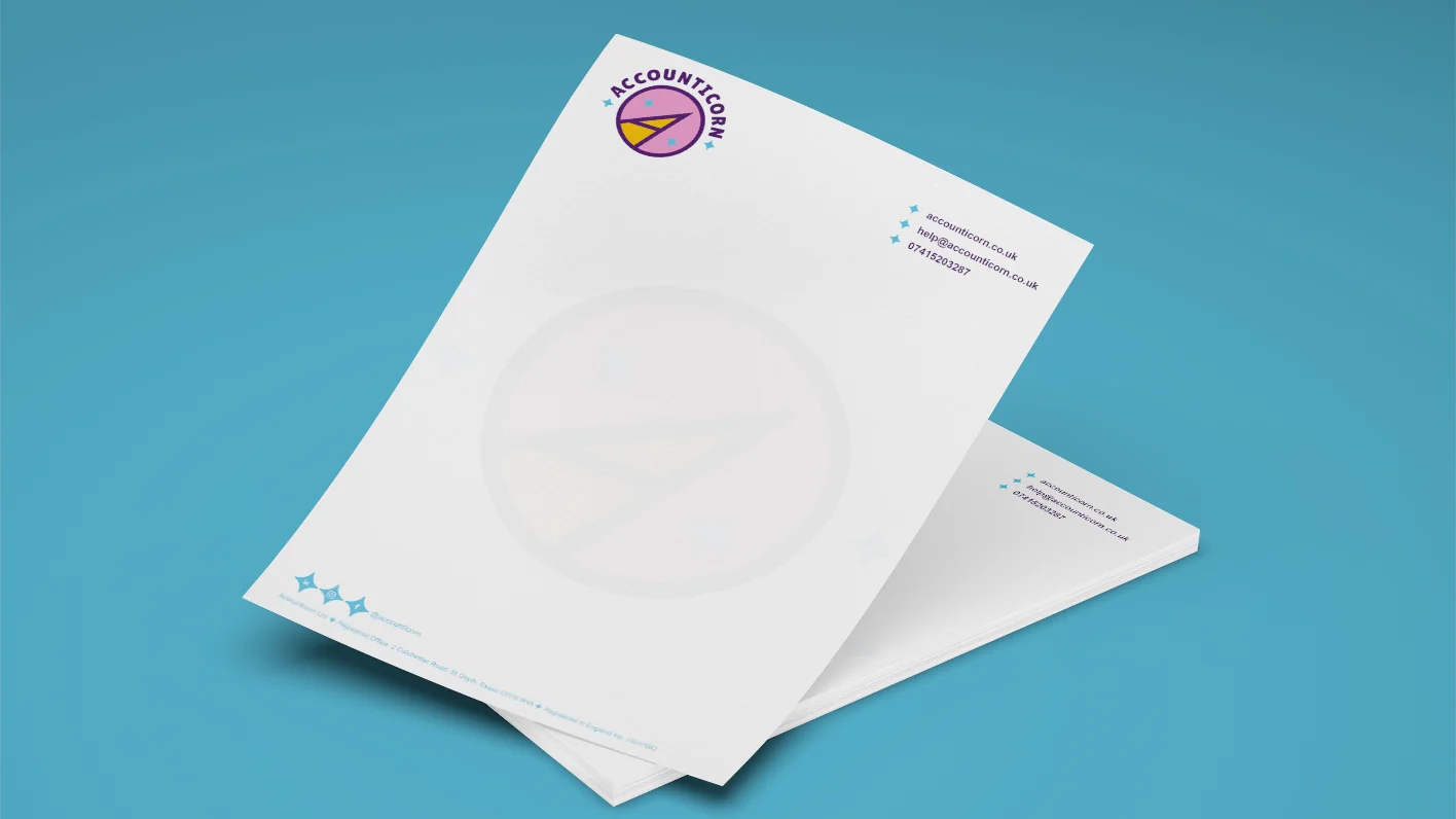 Accounticorn letterhead design with full-colour logo and watermark, stationery by CJ Creates, Colchester