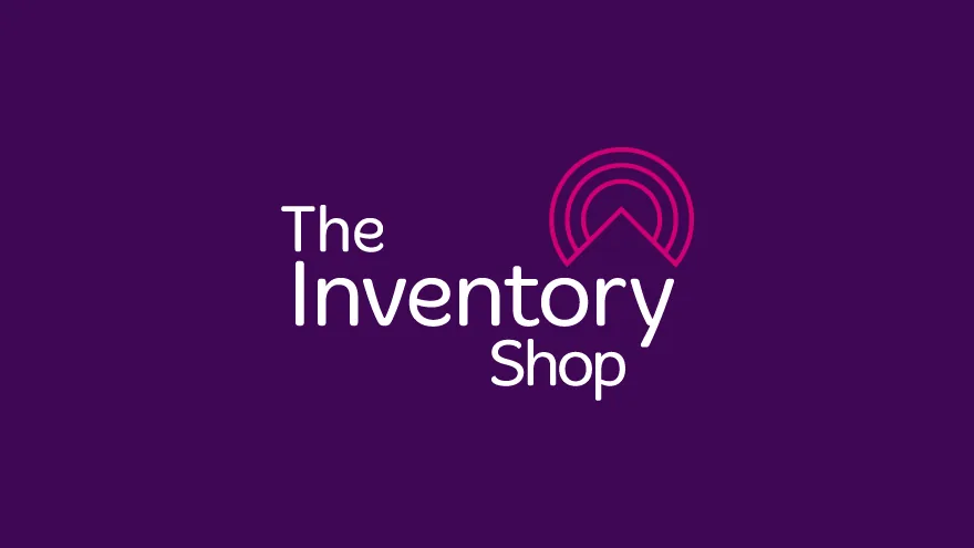 The Inventory Shop logo in white with a pink arched roof symbol, on the brand purple, designed by CJ Creates