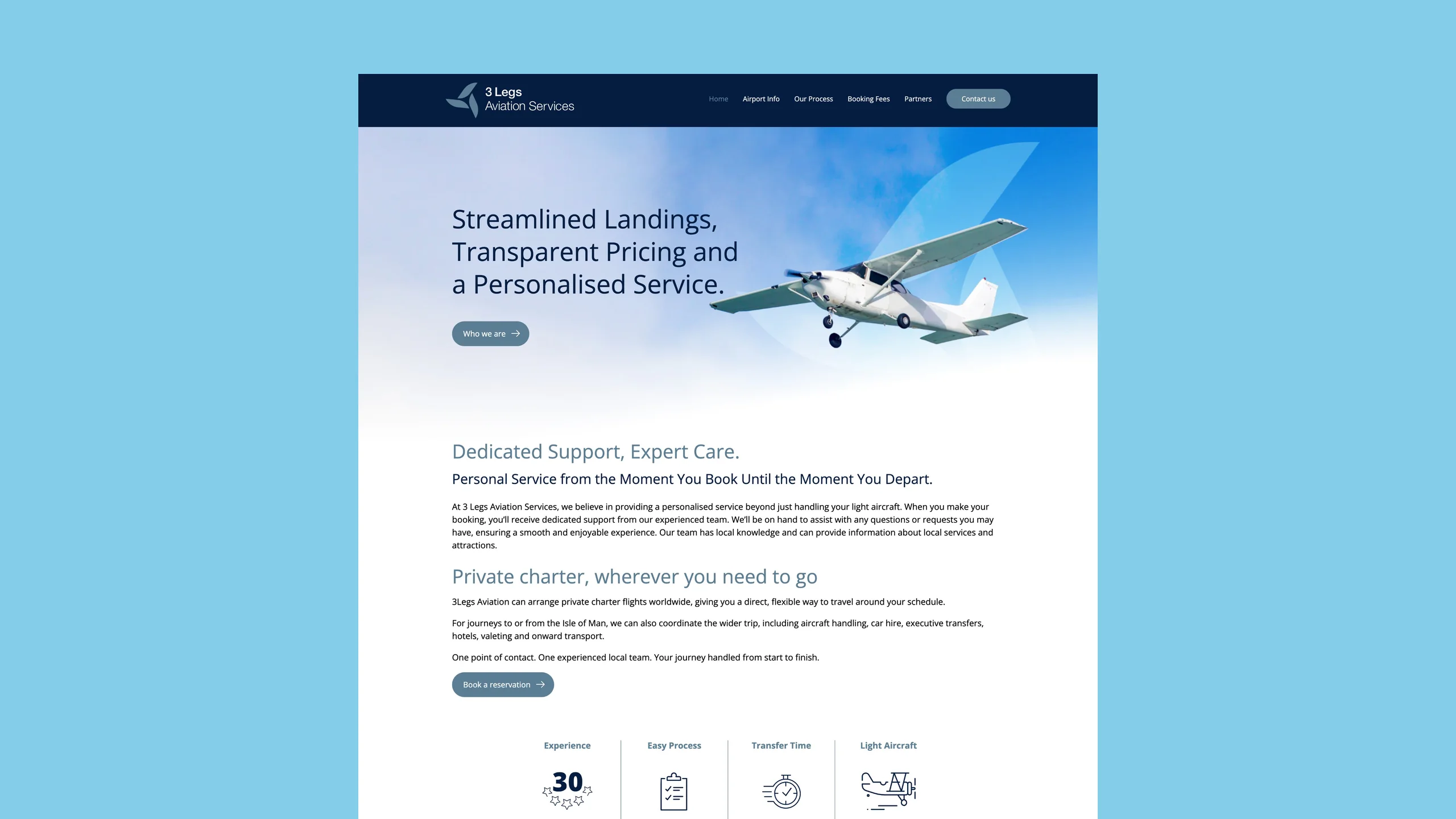 The new 3 Legs Aviation Services home page designed by CJ Creates, with a navy menu, a sky blue header and a light aircraft