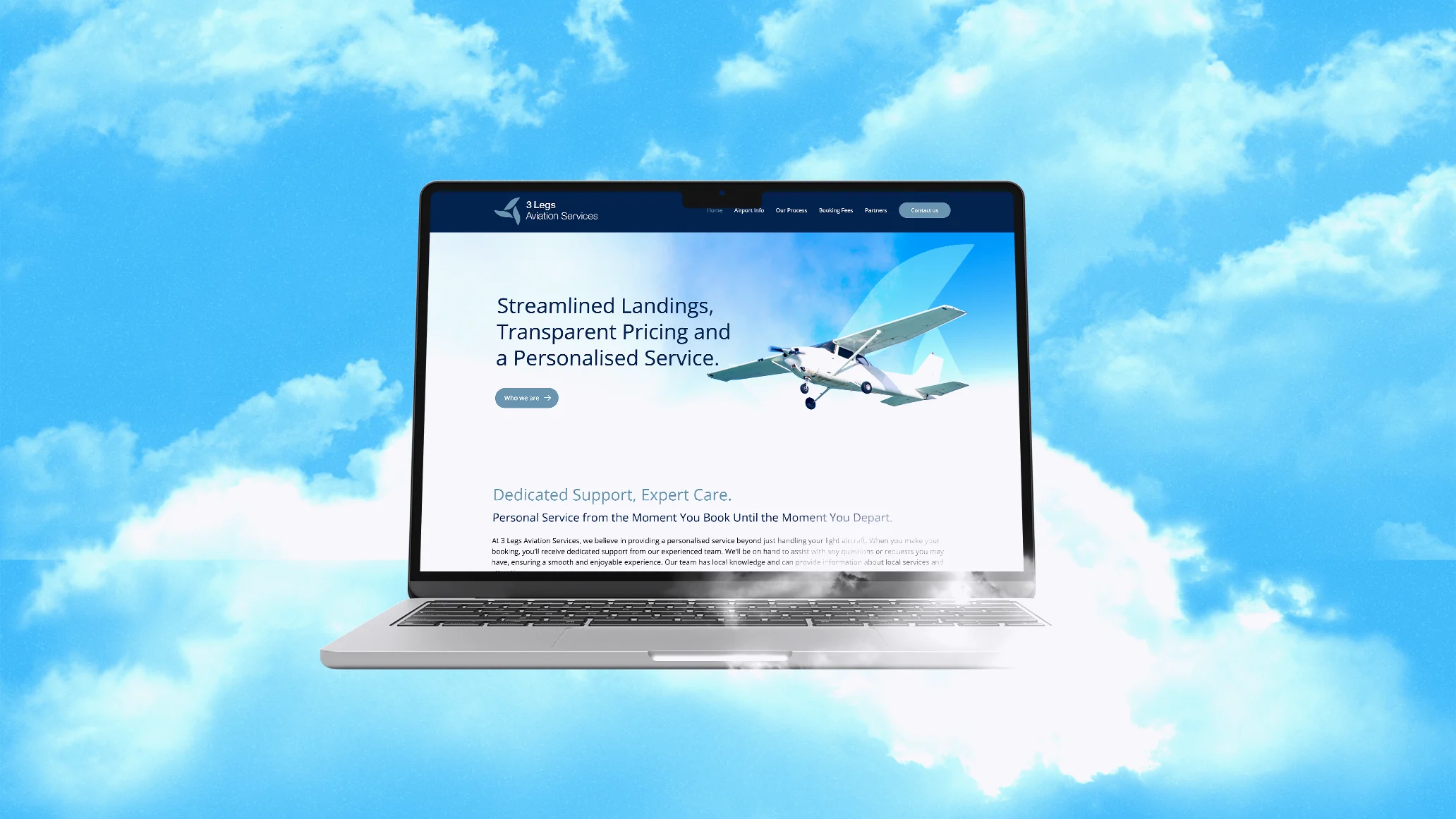 3 Legs Aviation Services website home page on a laptop among clouds, with the headline 'Streamlined Landings, Transparent Pricing and a Personalised Service', designed by CJ Creates