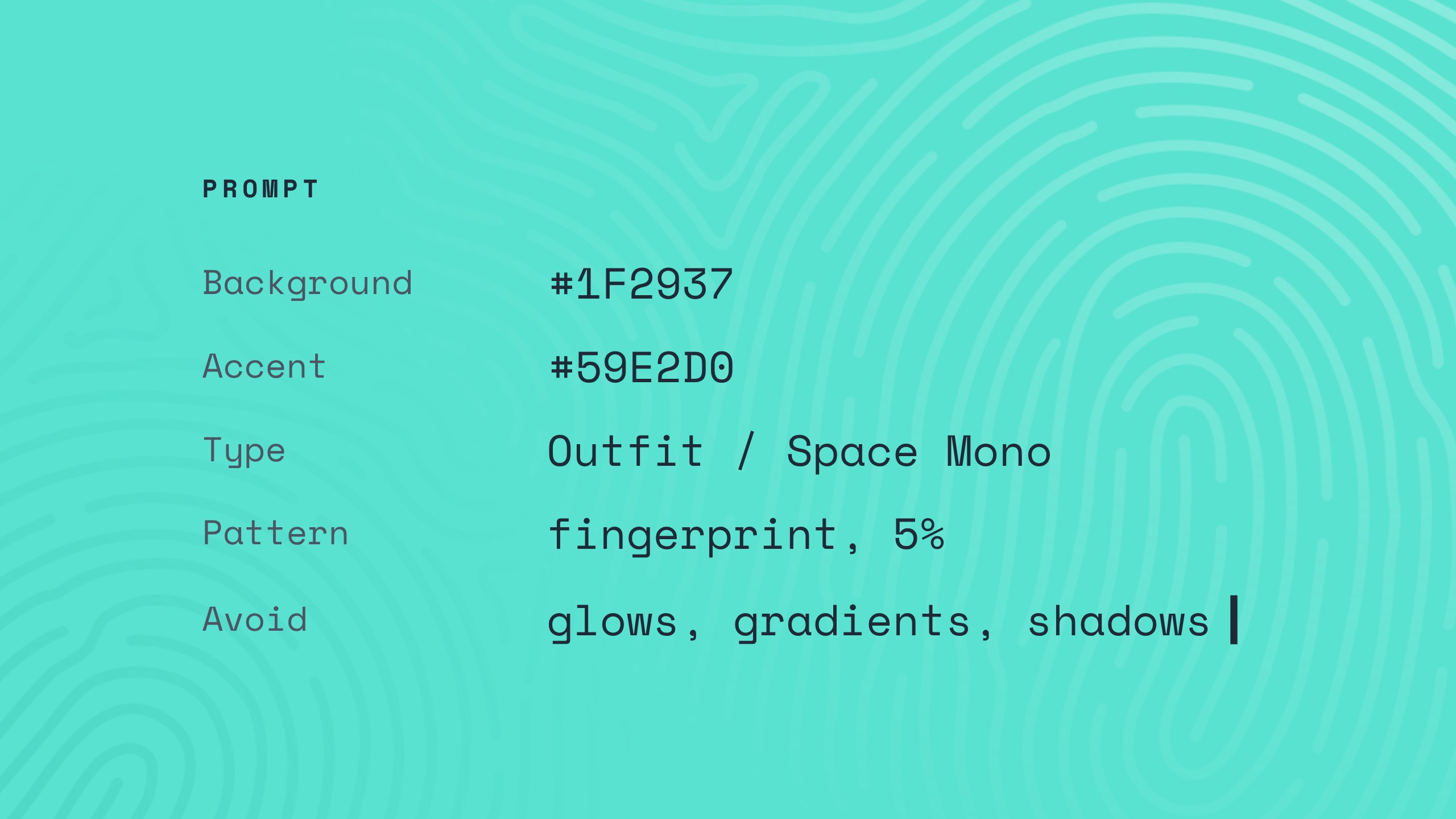Brand guidelines written as an AI prompt in Space Mono on mint: background #1F2937, accent #59E2D0, type Outfit and Space Mono, fingerprint pattern at 5%, avoid glows, gradients and shadows