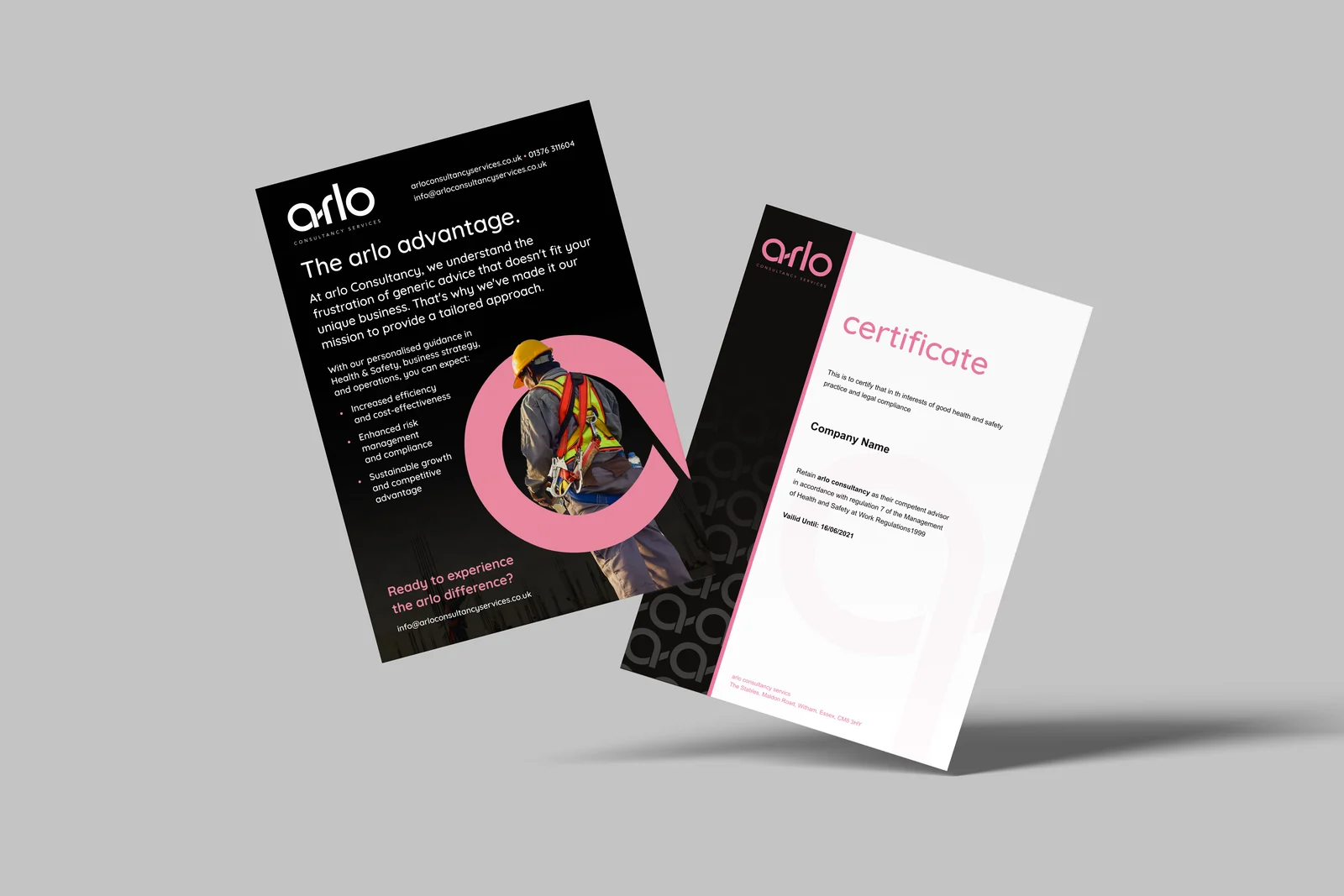 The arlo advantage A4 poster with an arlo training certificate behind