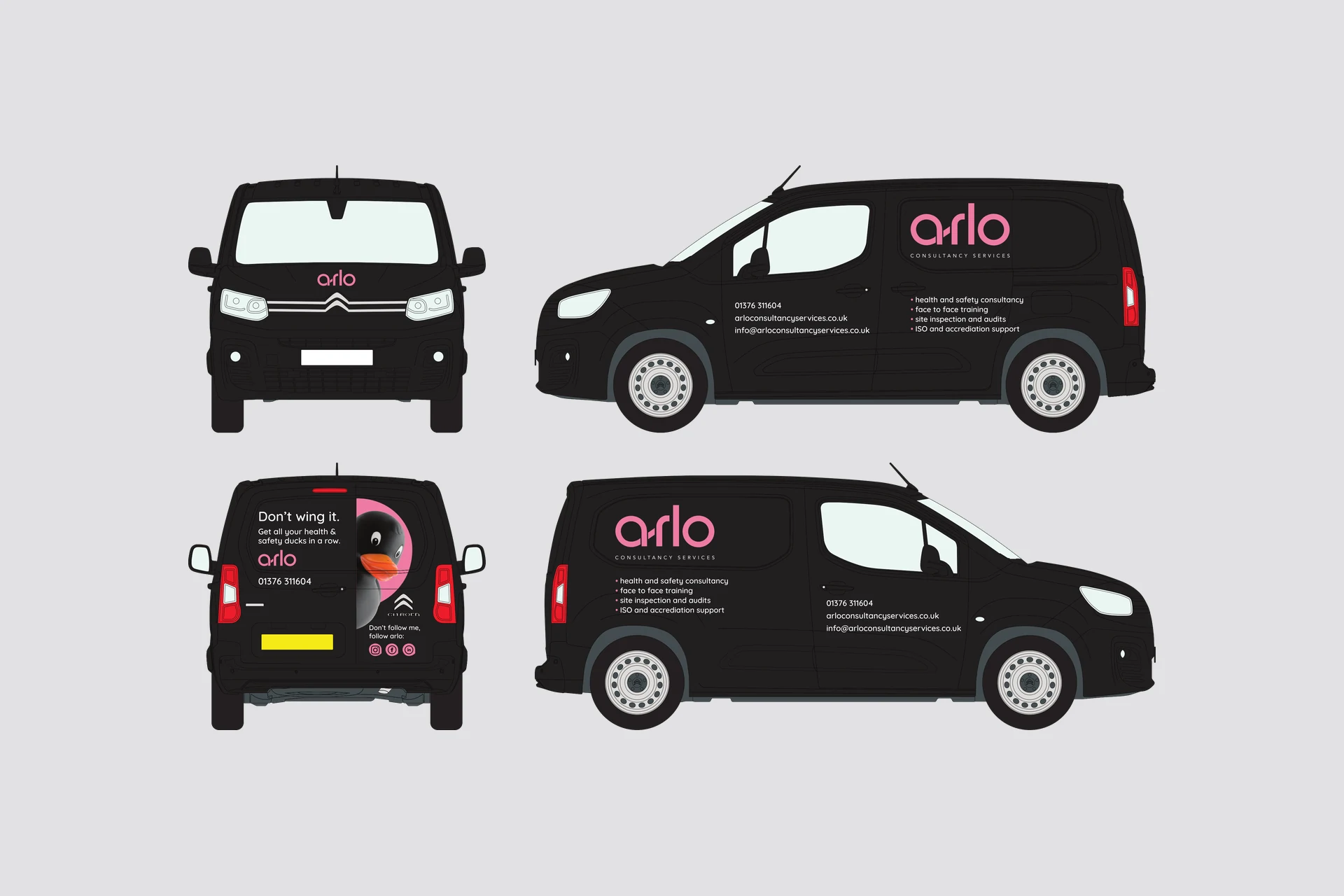 arlo van graphics on a black Citroen Berlingo: front, back and both sides