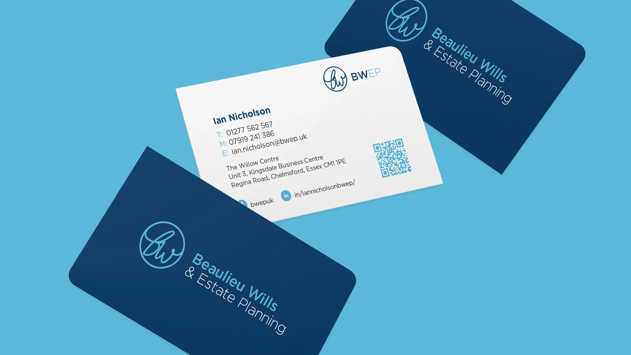 Beaulieu Wills & Estate Planning business cards in navy and white, showing the new bw logo, designed by CJ Creates