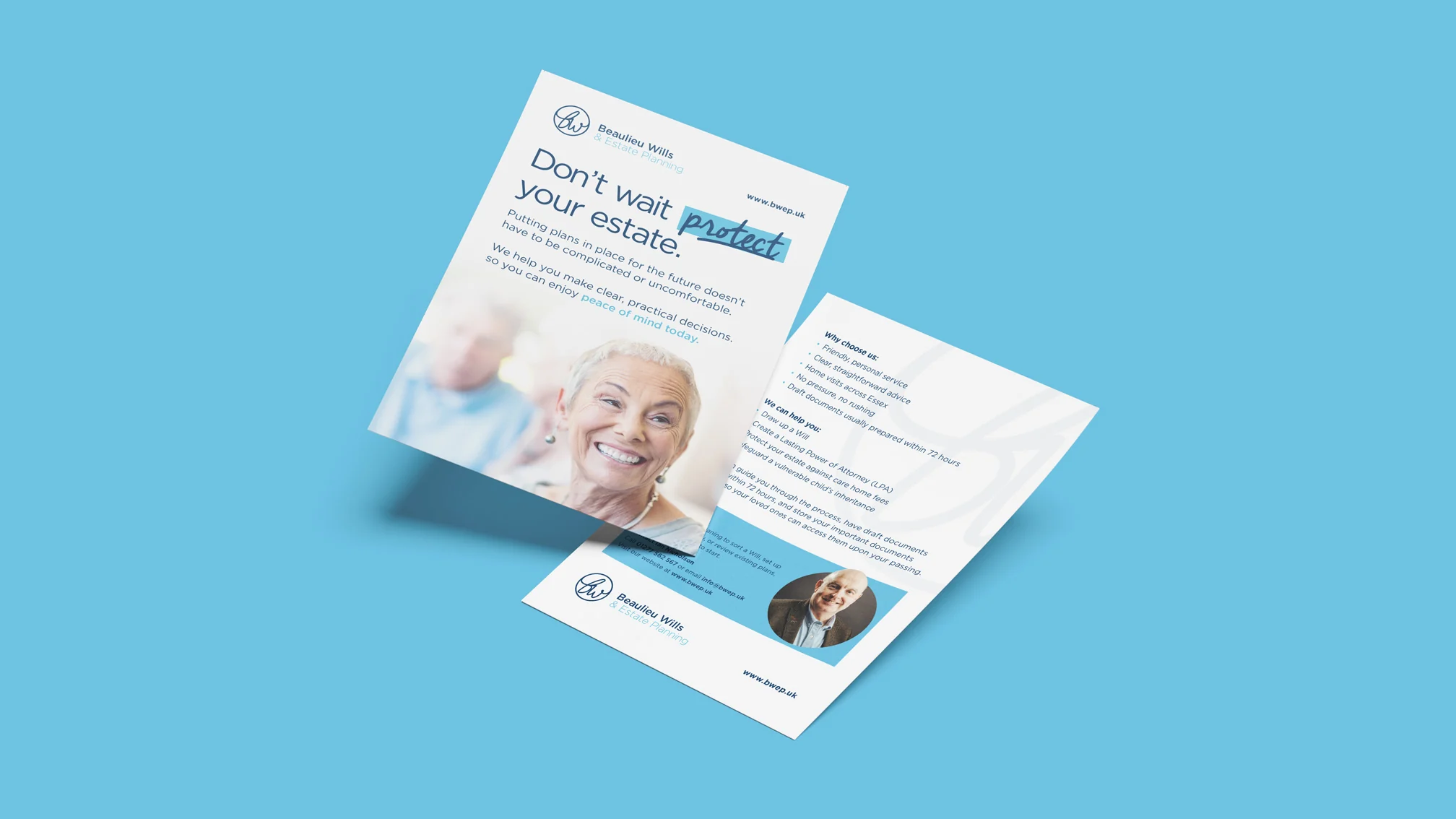 Front and back of the Beaulieu Wills & Estate Planning flyer, headed 'Don't wait, protect your estate', designed by CJ Creates