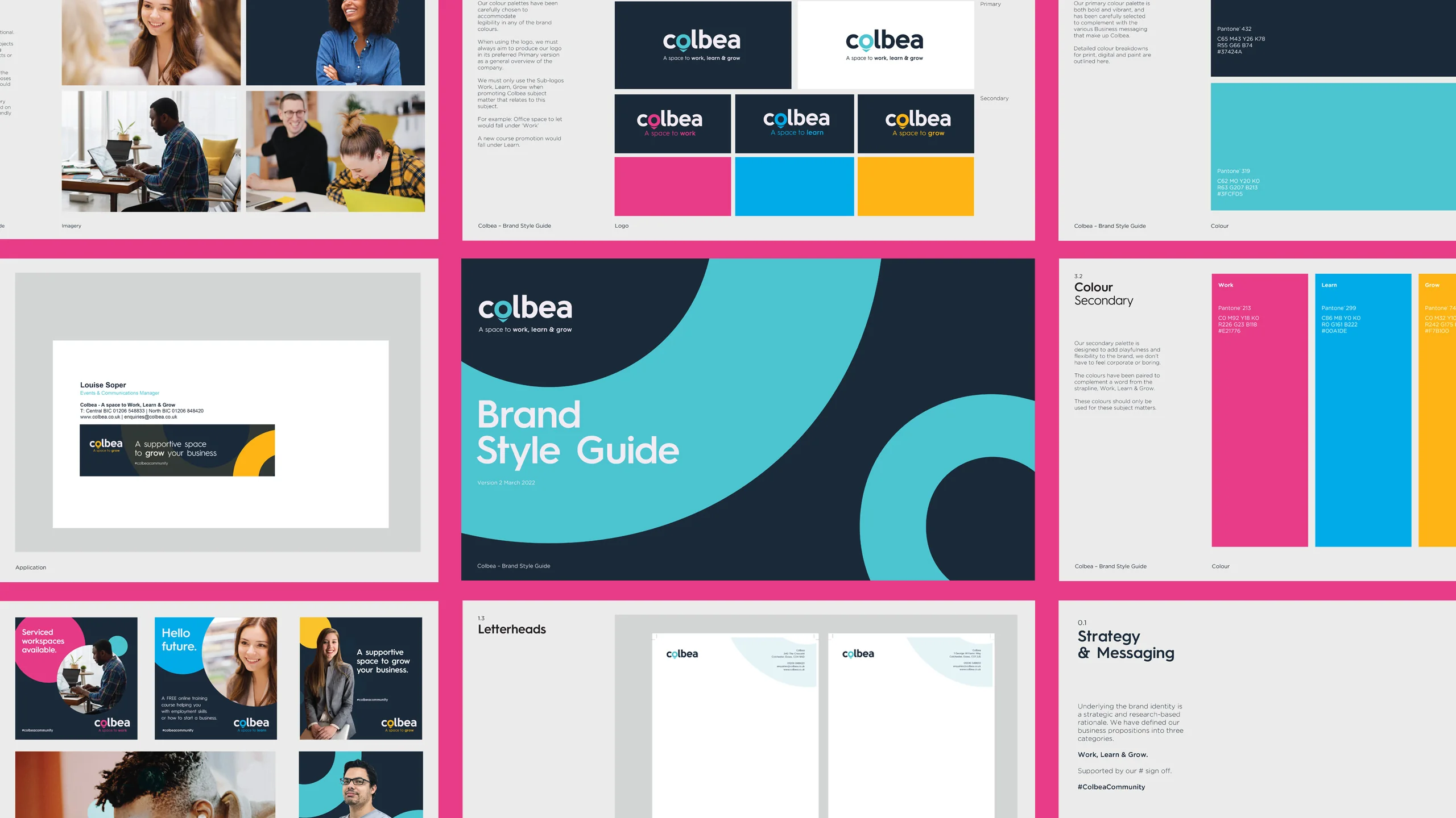 Pages from the Colbea brand style guide laid out on a pink background: the cover, logo versions, colour palette, imagery, letterheads and social media posts, designed by CJ Creates