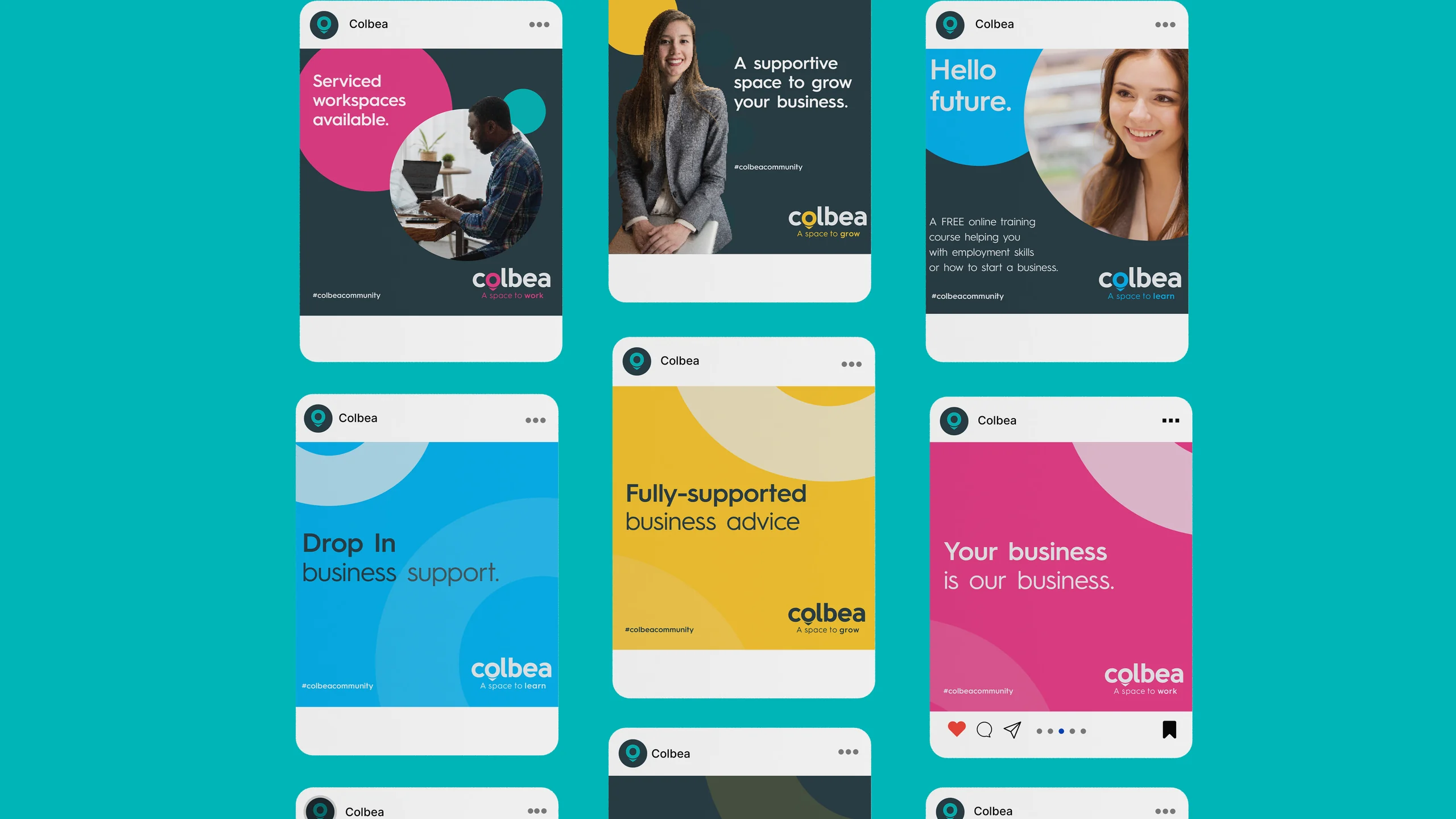 Grid of Colbea social media posts designed by CJ Creates, in pink, blue, yellow and charcoal, with lines such as "Serviced workspaces available" and "Your business is our business"