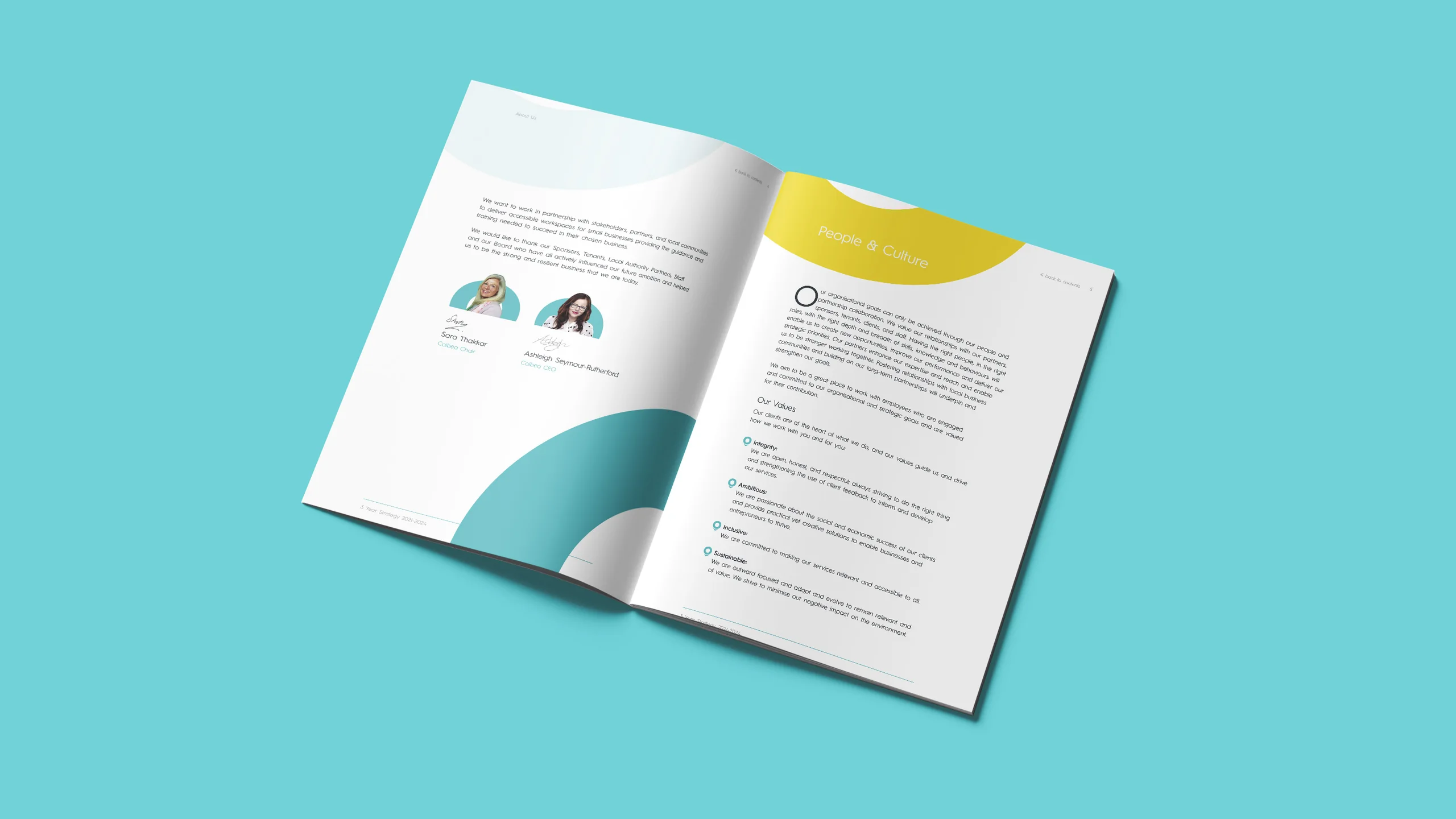 Open spread from Colbea’s three-year strategy brochure on a teal background, showing the People & Culture page with a yellow header, designed by CJ Creates