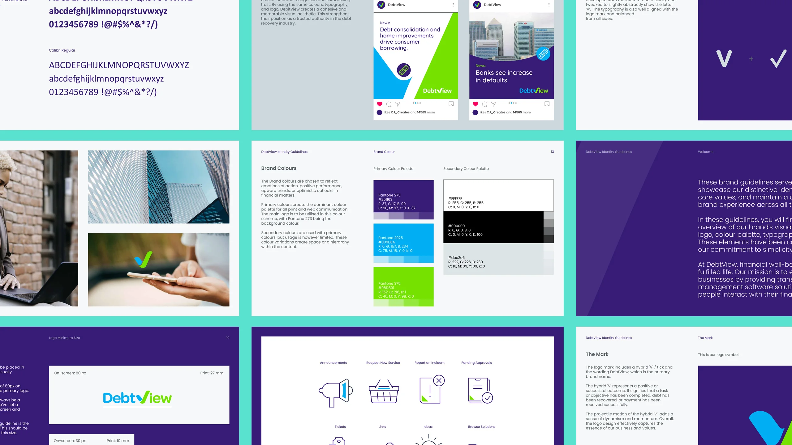 Pages from the DebtView brand guidelines designed by CJ Creates, showing the colour palette, typography, logo sizing, icon set and social media posts