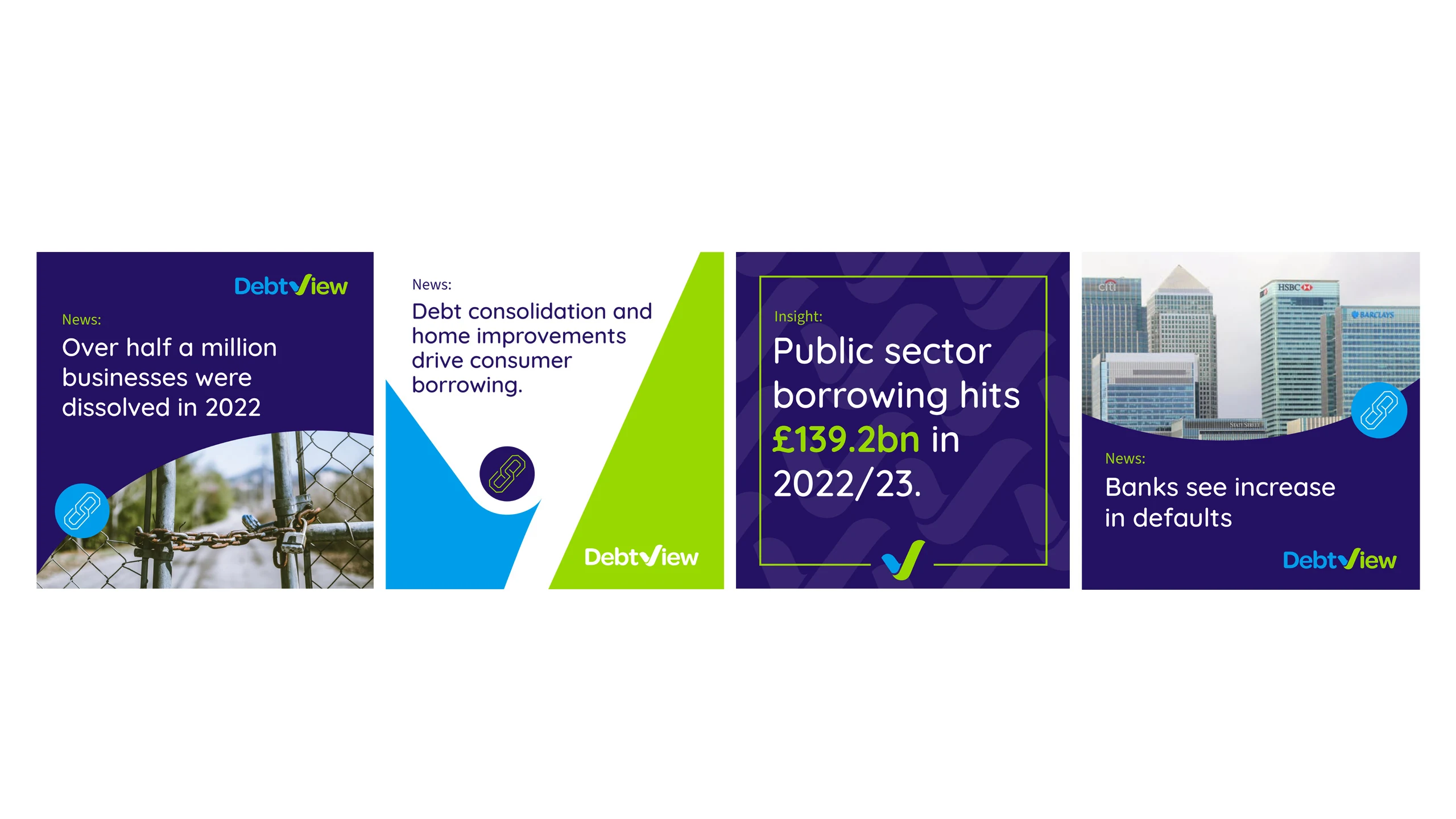 Four DebtView social media posts designed by CJ Creates in purple, blue and green, with news and insight headlines on debt and borrowing