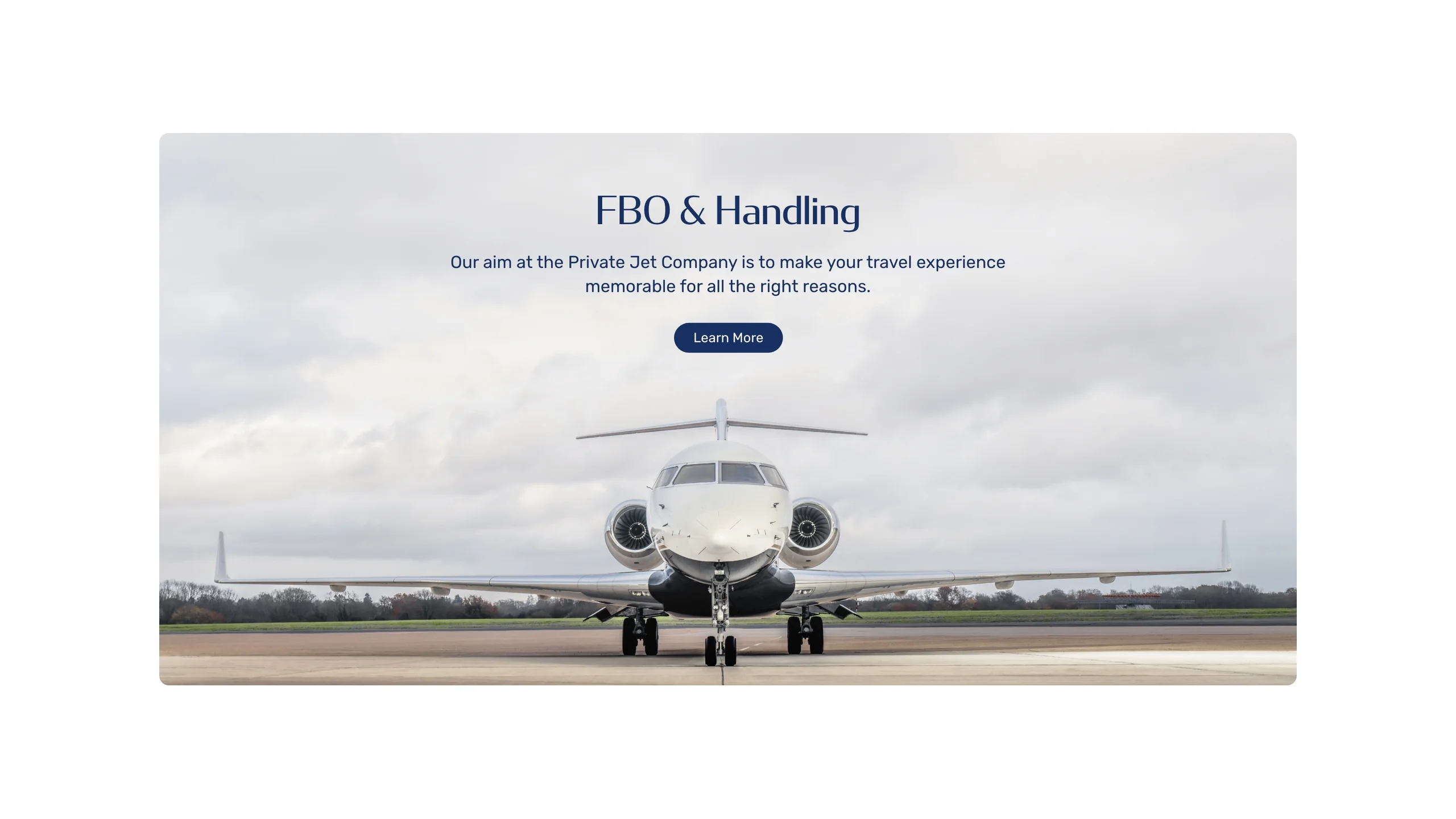 Jet Centre website FBO & Handling section designed by CJ Creates, with a private jet facing the camera on the apron