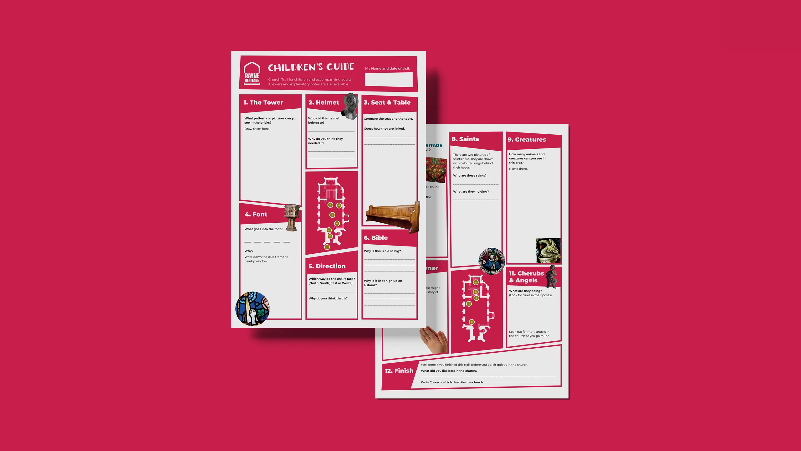 Rayne Heritage Children’s Guide, a two-sided church trail activity sheet in crimson with questions about the tower, the font, saints and angels, designed by CJ Creates