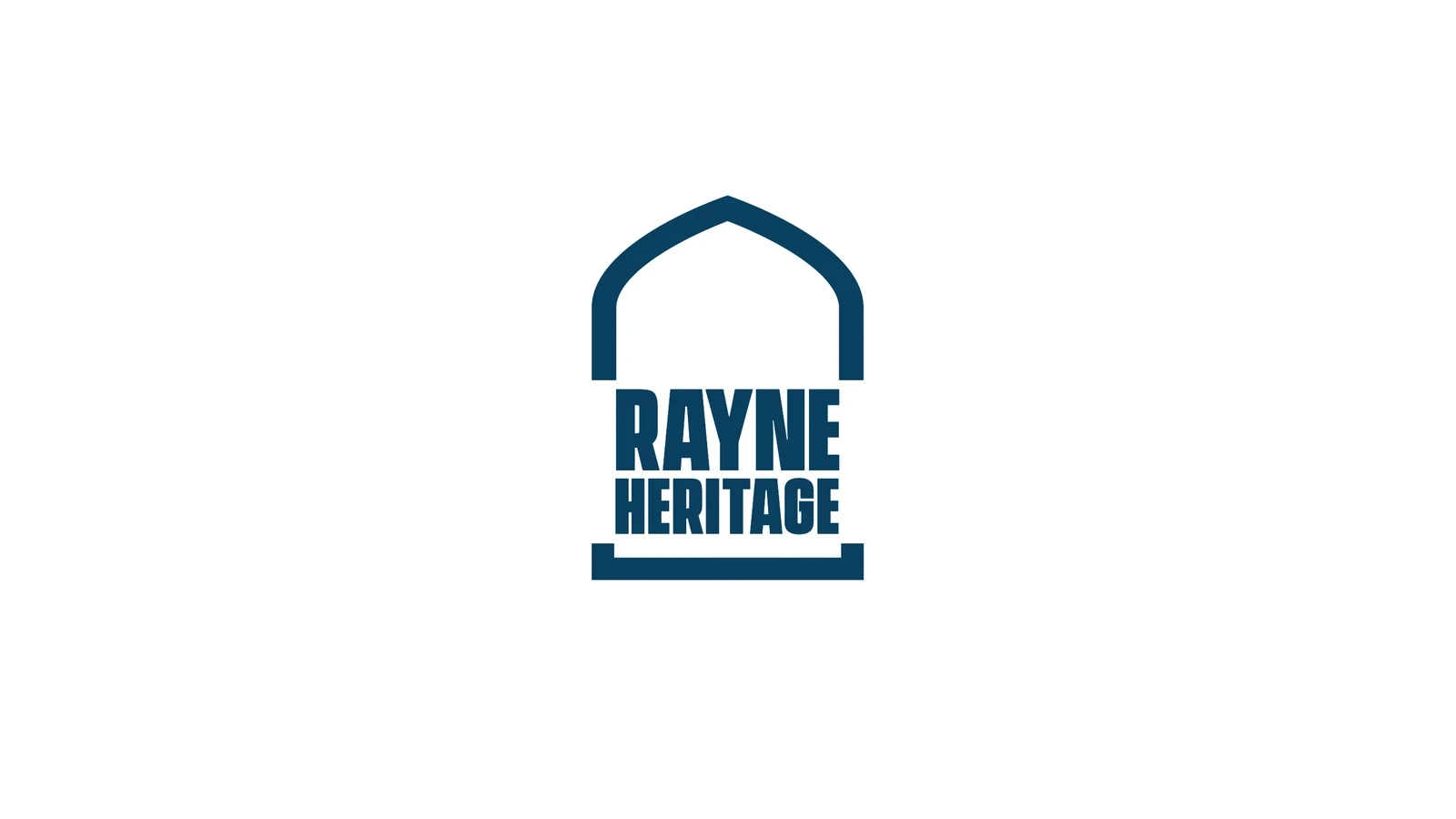Rayne Heritage logo in navy, with the words “Rayne Heritage” set inside a pointed arch, designed by CJ Creates