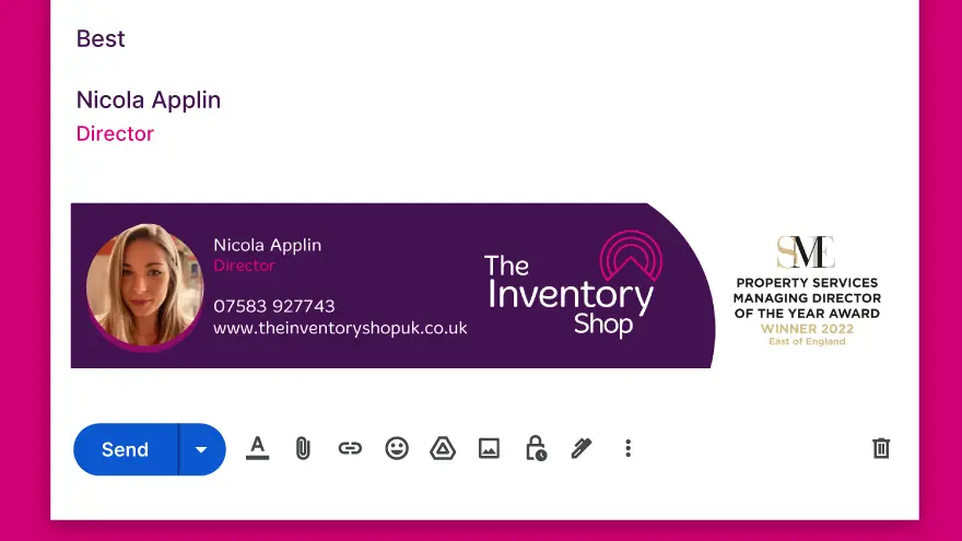 The Inventory Shop email signature at the foot of an email: a purple banner with a staff photo, contact details and the logo, beside an award badge, designed by CJ Creates