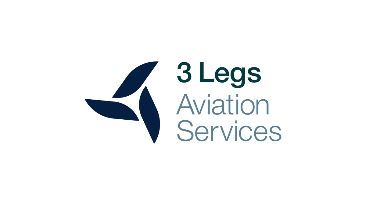 3 Legs Aviation Services logo in full colour: a navy three-blade propeller mark beside the name, designed by CJ Creates