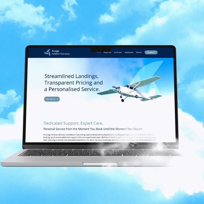 3 Legs Aviation Services website home page on a laptop among clouds, with the headline 'Streamlined Landings, Transparent Pricing and a Personalised Service', designed by CJ Creates