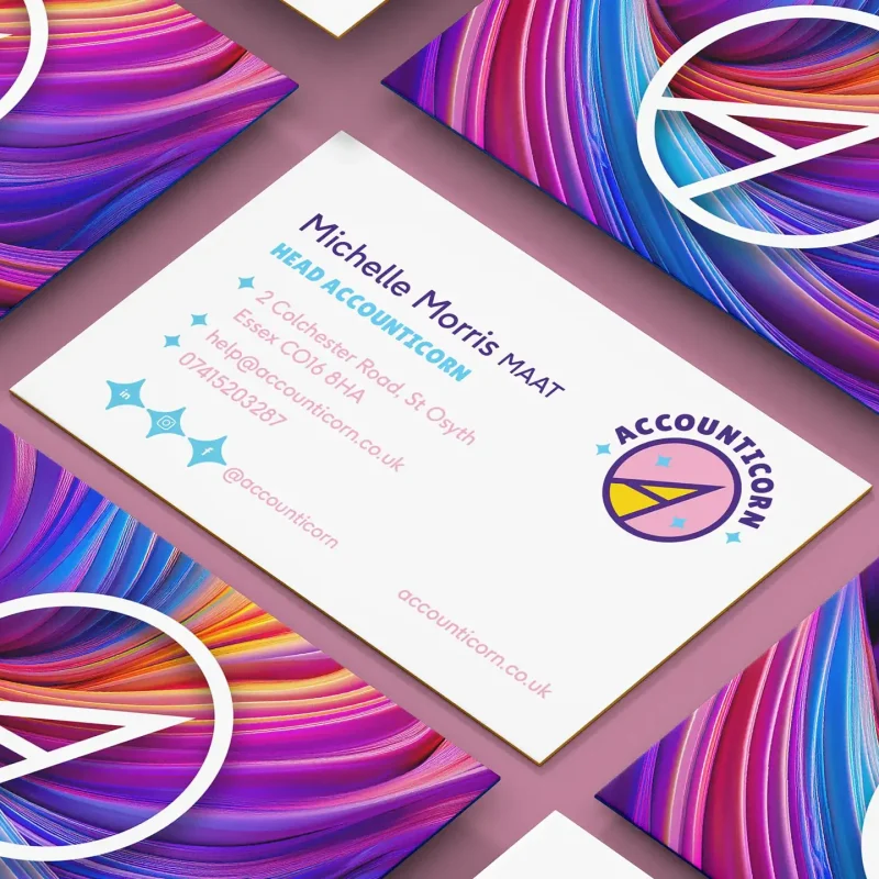 Accounticorn business card design with rainbow-mane pattern backs and pink logo, branding by CJ Creates, Colchester