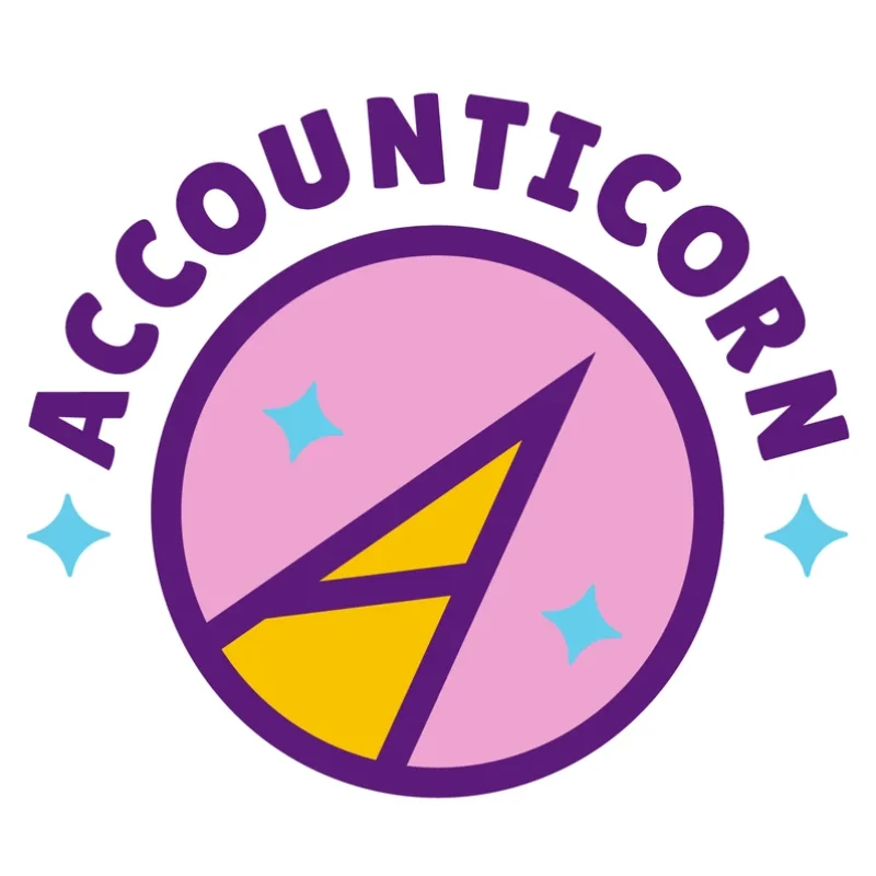 Accounticorn full-colour logo design: purple, pink, yellow and cyan circular badge with the letter A as a unicorn horn, by CJ Creates