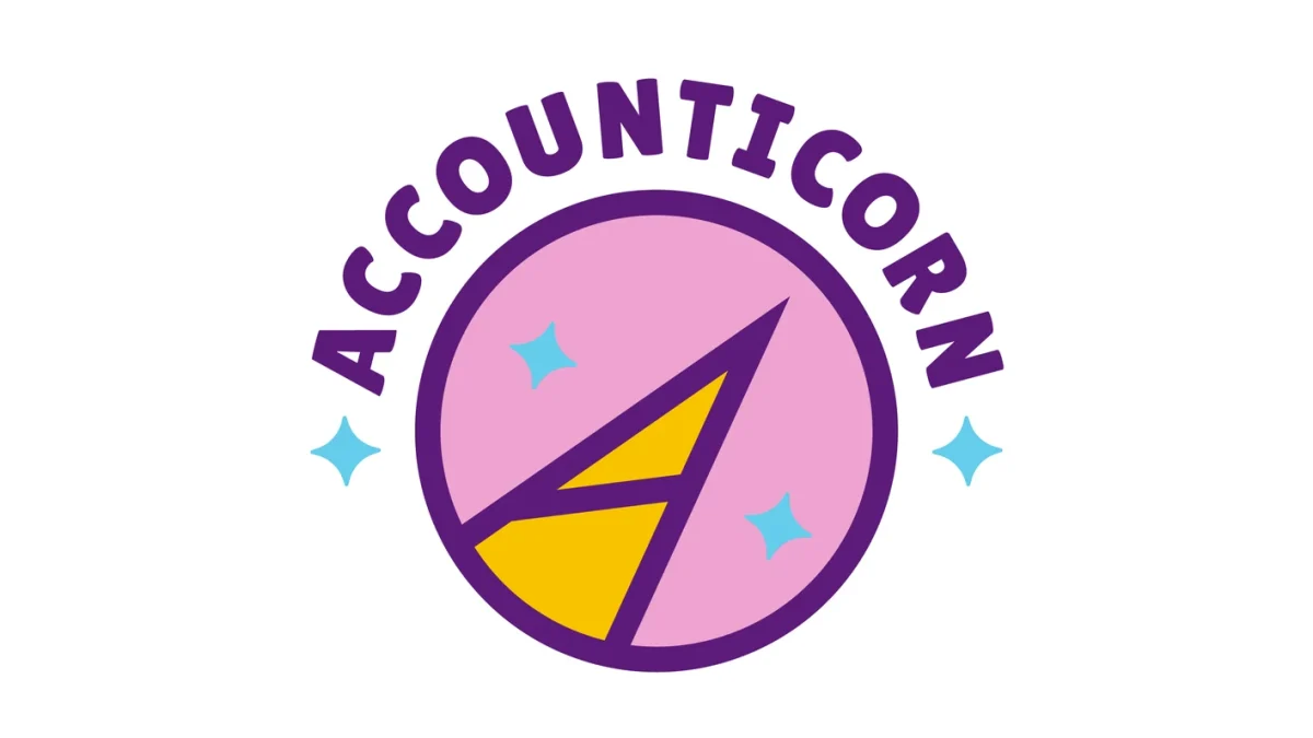 Accounticorn full-colour logo design: purple, pink, yellow and cyan circular badge with the letter A as a unicorn horn, by CJ Creates