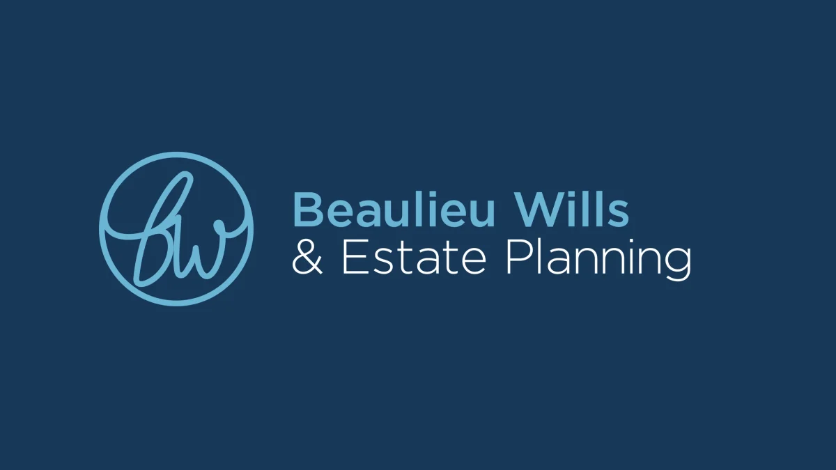 Beaulieu Wills and Estate Planning new logo after the rebrand by CJ Creates: a handwritten bw monogram in a circle on navy