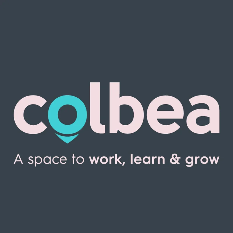 Colbea new logo after the rebrand by CJ Creates: a teal location-pin “o” with the tagline “A space to work, learn & grow” on charcoal