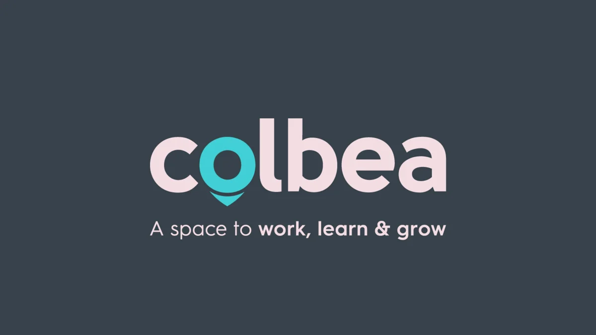 Colbea new logo after the rebrand by CJ Creates: a teal location-pin “o” with the tagline “A space to work, learn & grow” on charcoal