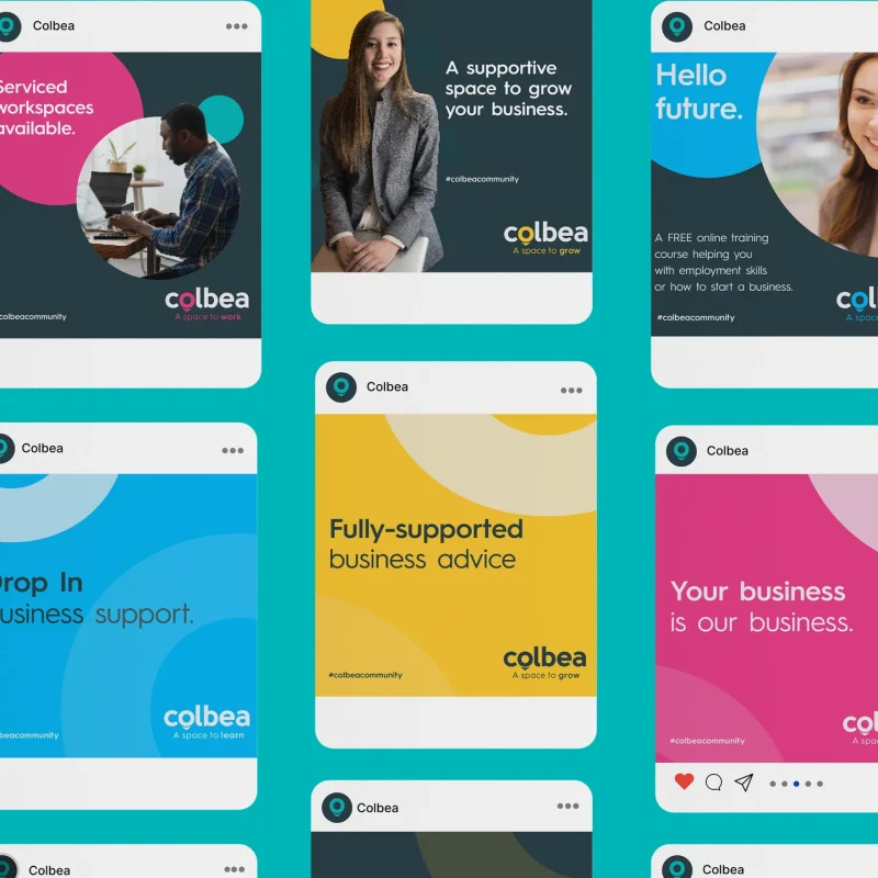 Grid of Colbea social media posts designed by CJ Creates, in pink, blue, yellow and charcoal, with lines such as "Serviced workspaces available" and "Your business is our business"