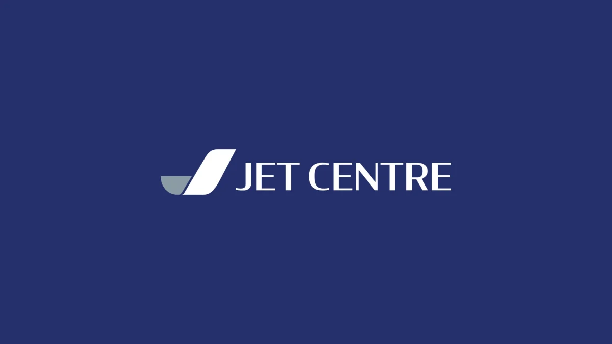 Jet Centre logo in white on navy: a tail-fin mark beside the name, designed by CJ Creates