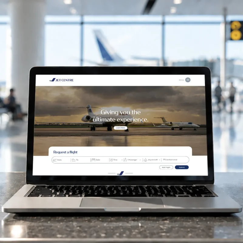 Jet Centre private jet charter website designed by CJ Creates, shown on a laptop in an airport lounge