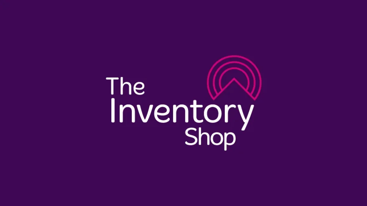 The Inventory Shop logo in white with a pink arched roof symbol, on the brand purple, designed by CJ Creates