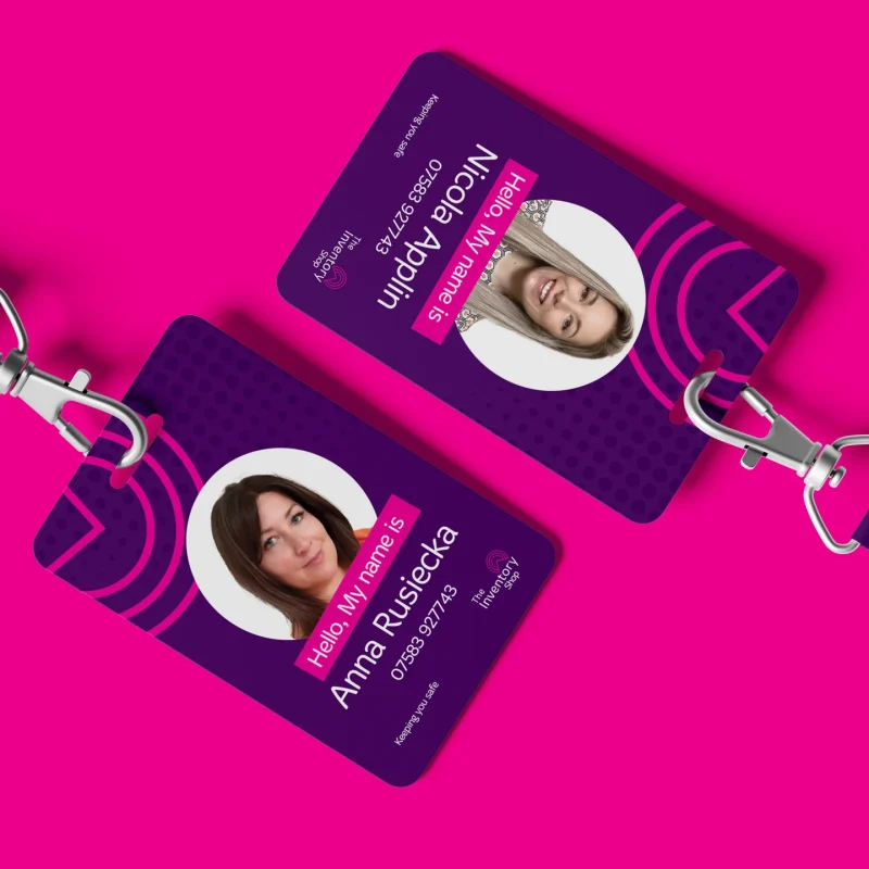 Two purple and pink staff ID cards on branded lanyards for The Inventory Shop, each with a staff photo and the line 'Hello, my name is', designed by CJ Creates